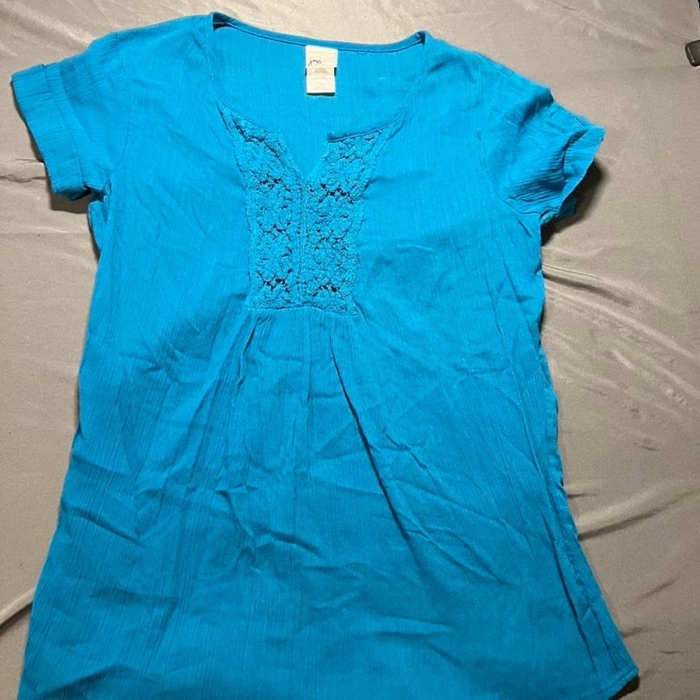 Just My Size Turquoise Blue Crochet V-Neck Short Sleeve Blouse 1X 16W J371